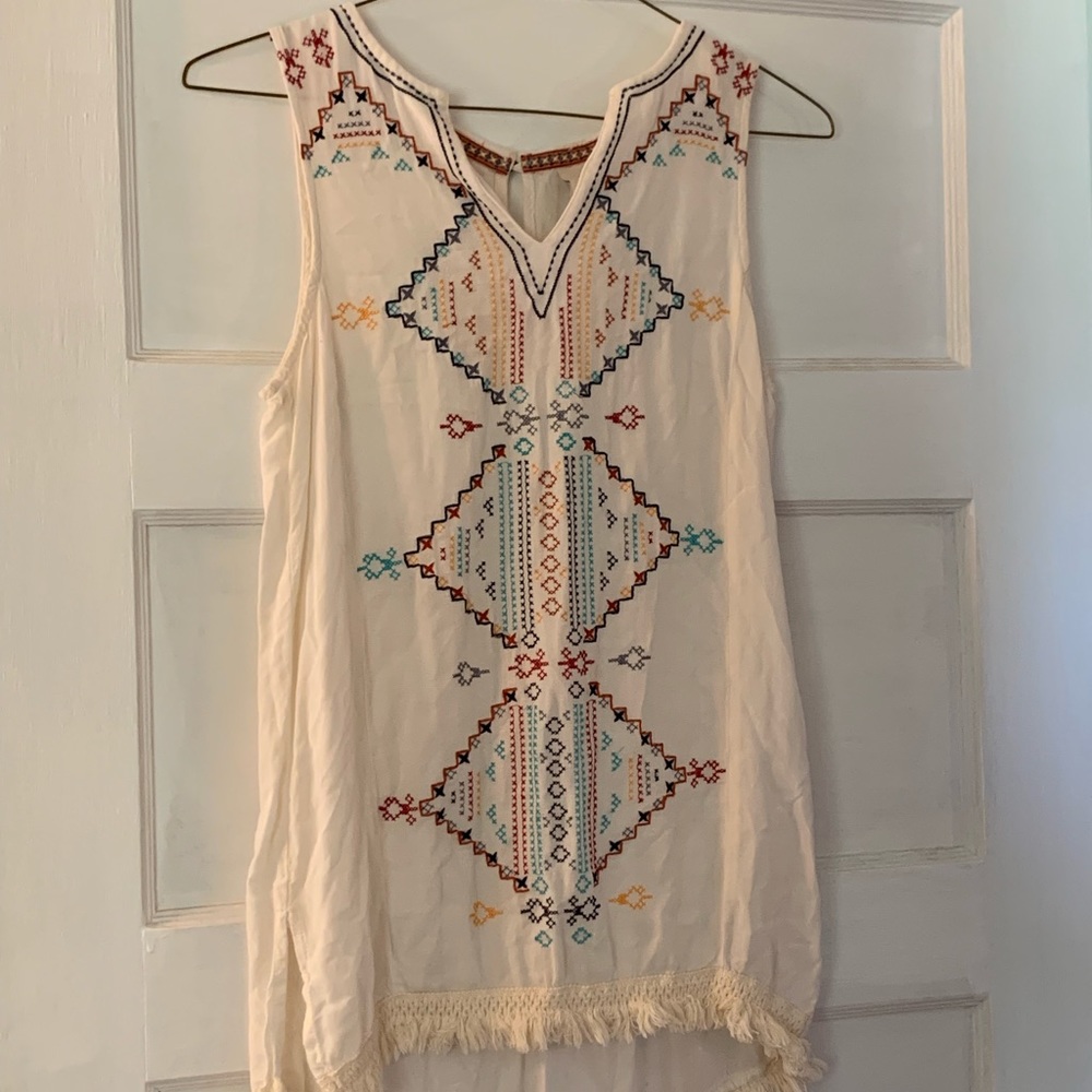 Embroidered tank with fringe